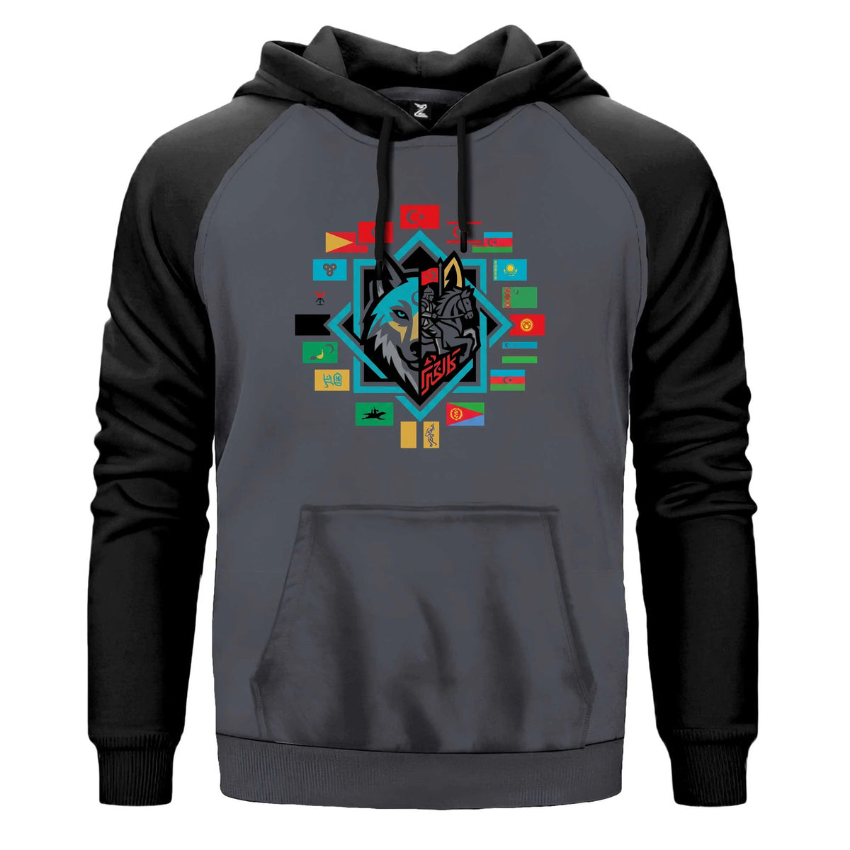 Bayrak Karolu Çerçeveli Bozkurt Baskılı Renkli Reglan Kol Sweatshirt Kapşonlu