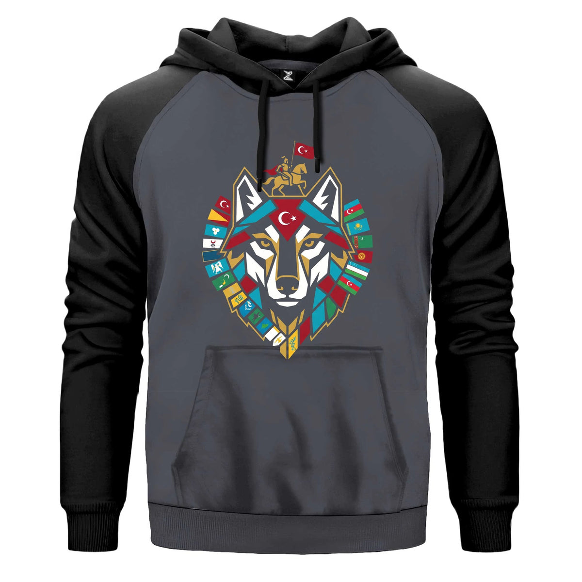 Totem Tarzı Renkli Bozkurt Amblemi Baskılı Renkli Reglan Kol Sweatshirt Kapşonlu