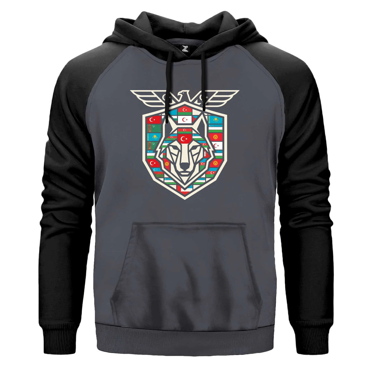 Kanatlı Arma Bayraklı Kalkan Bozkurt Baskılı Renkli Reglan Kol Sweatshirt Kapşonlu