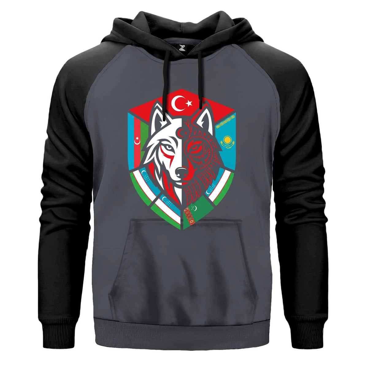 Kardeş Ülke Bayraklı Kalkan Bozkurt Baskılı Renkli Reglan Kol Sweatshirt Kapşonlu