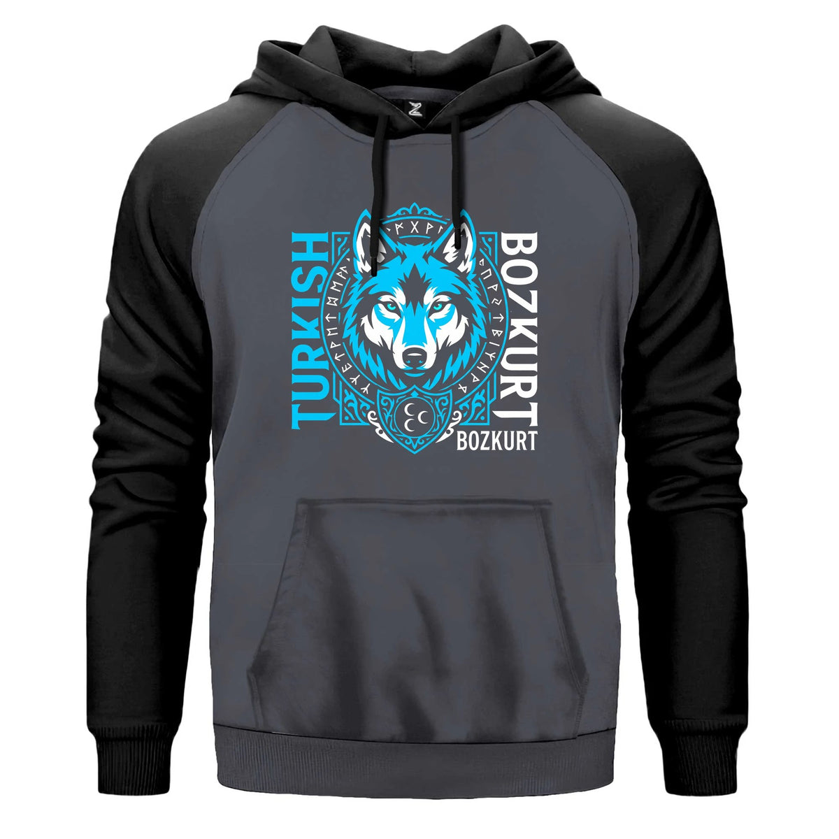 Dikey Turkish Bozkurt Tipografili Mavi Baskılı Renkli Reglan Kol Sweatshirt Kapşonlu