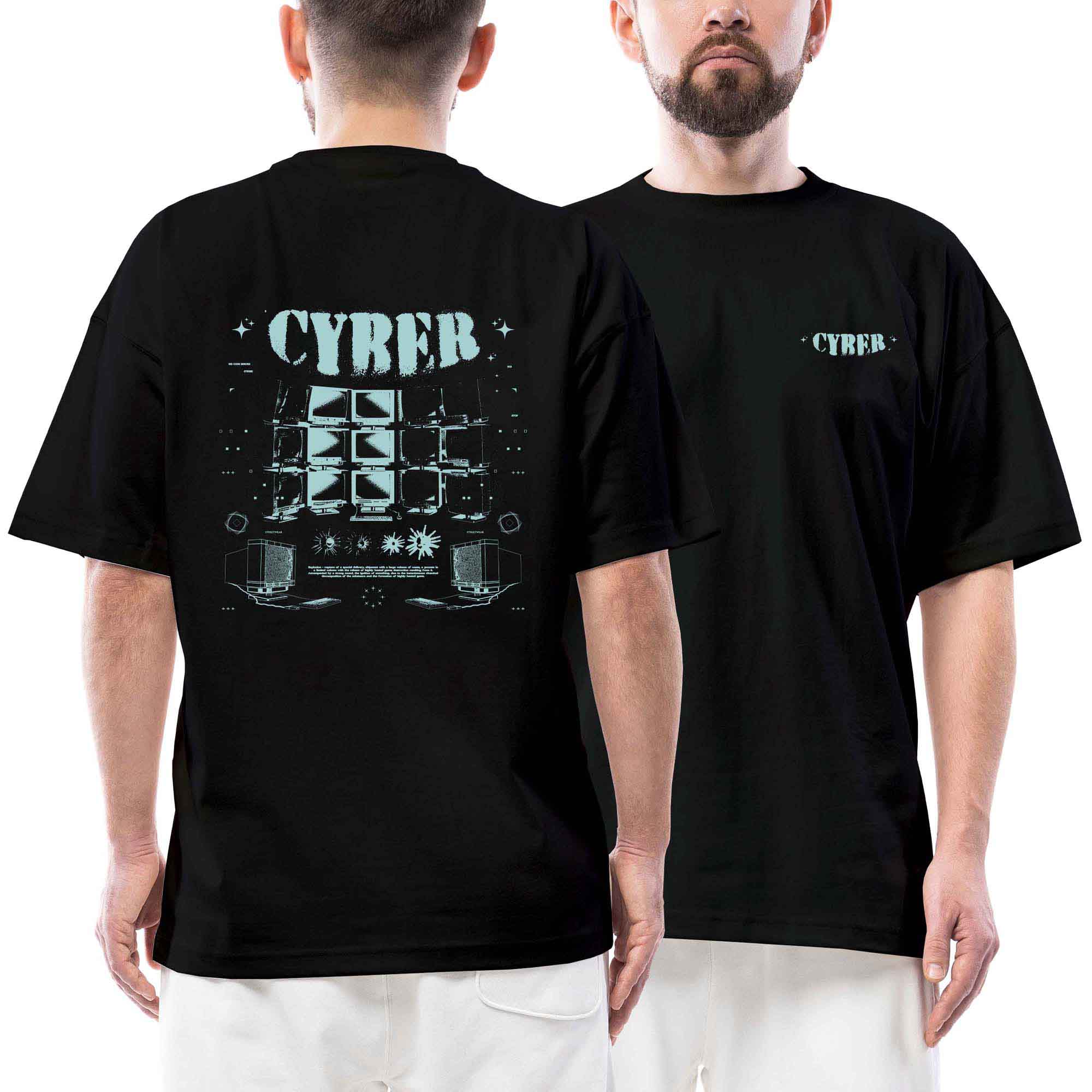 Cyber Mavi Televizyon Streetwear Siyah Oversize Tişört