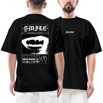 Smile Im Really Happy Diş Streetwear Siyah Oversize Tişört