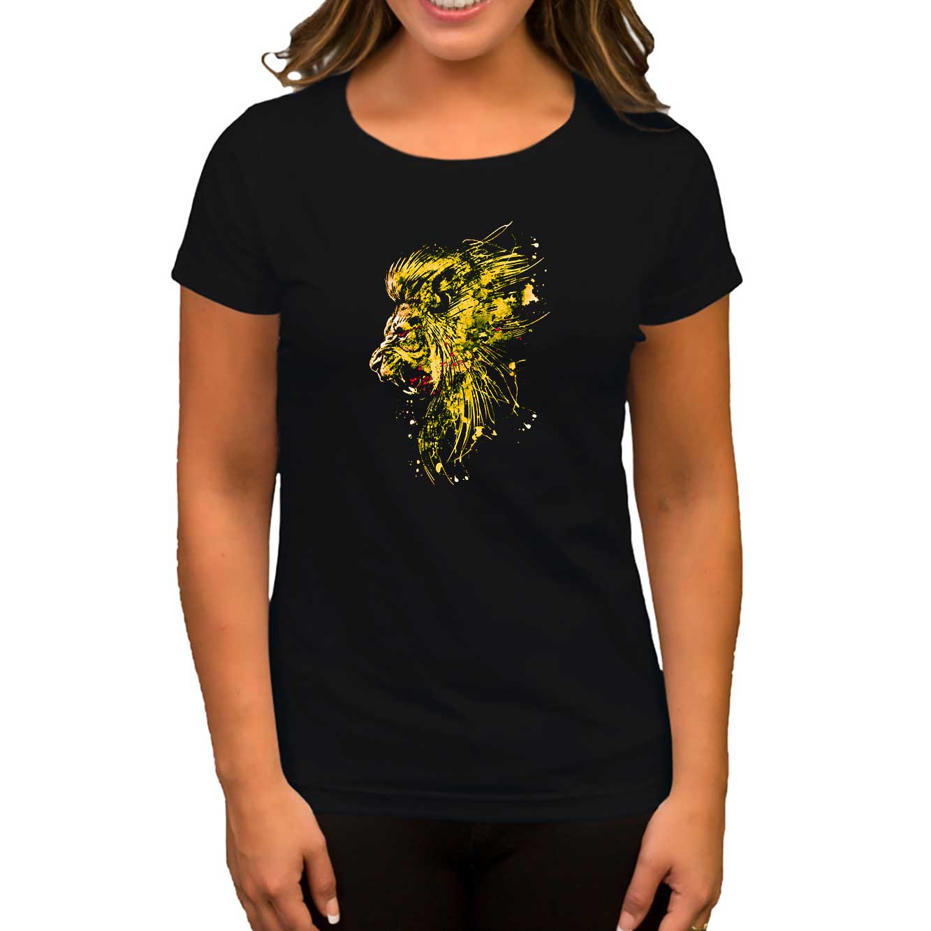 Gold Lion Splash Siyah Kadın Tişört