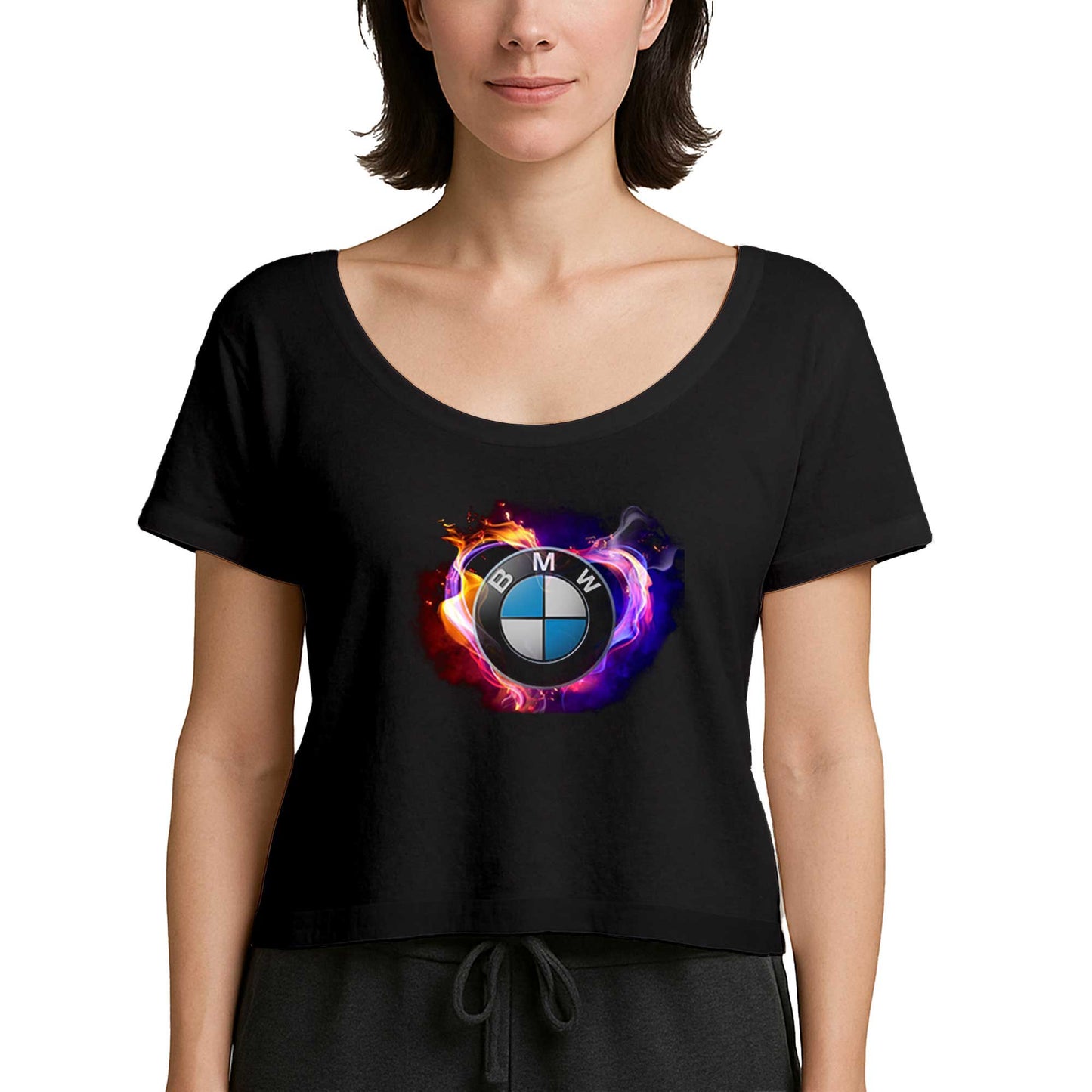 BMW Heart Colorful Logo Siyah Kadın Tişört