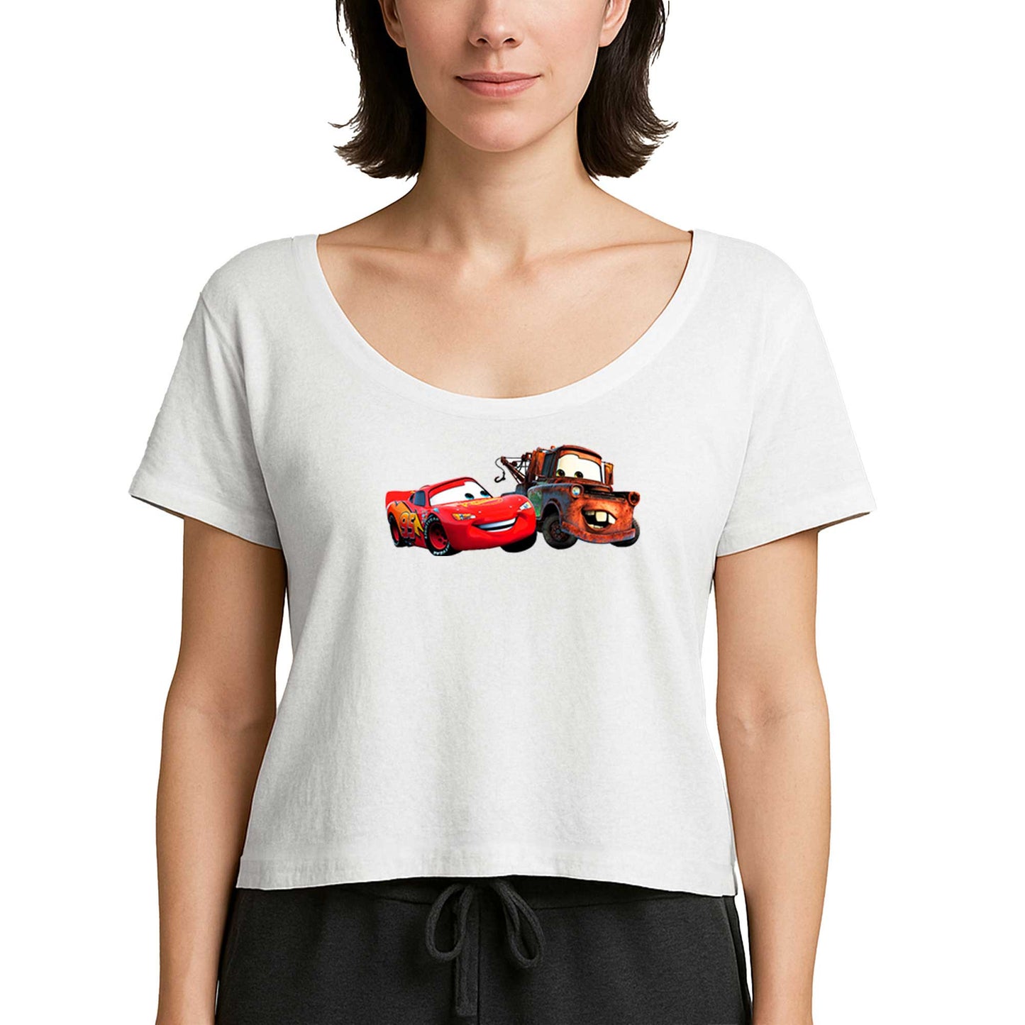 Şimşek McQueen ve Tow Mater Arabalar Beyaz Kadın Tişört