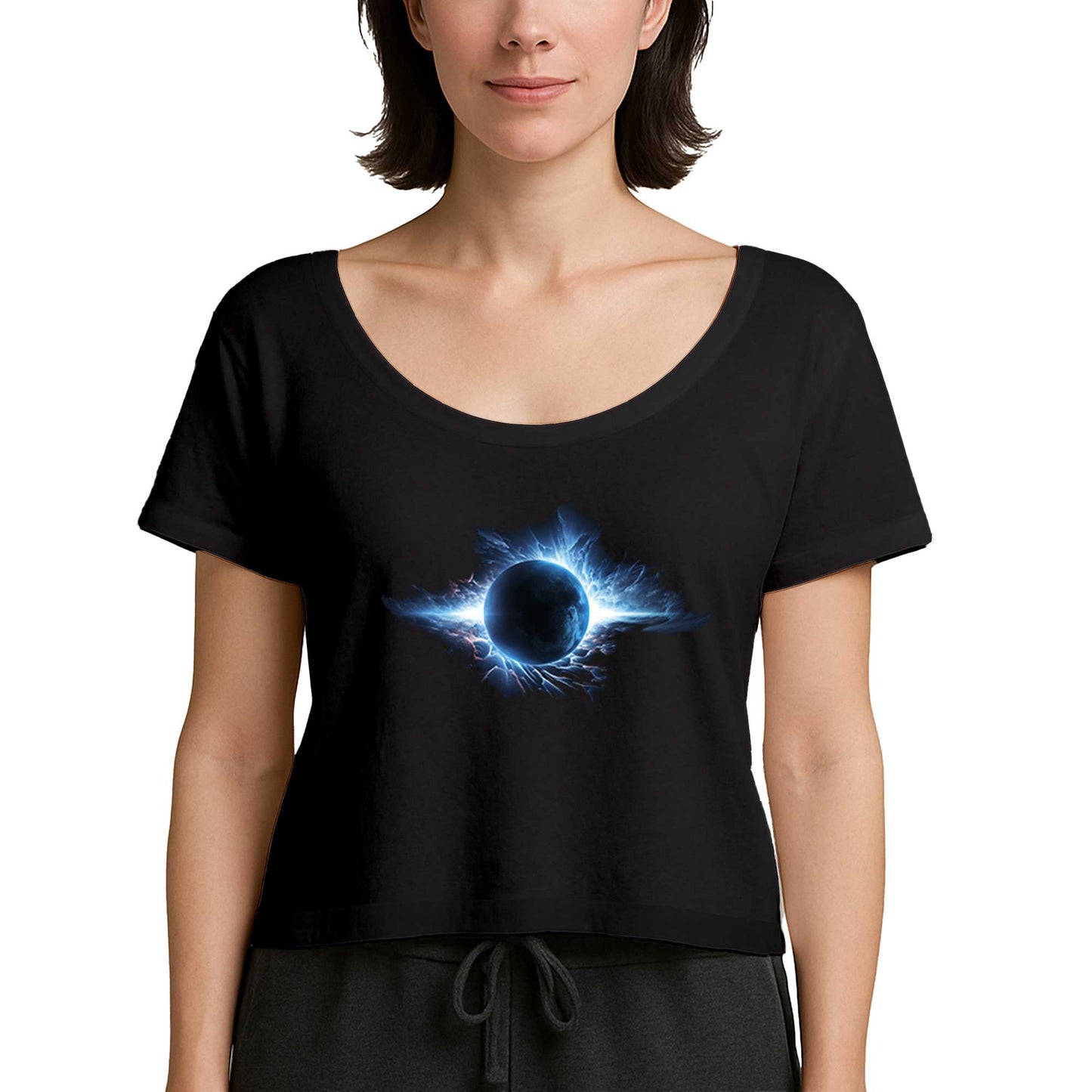 Planet Charged With Blue Energy Siyah Kadın Tişört