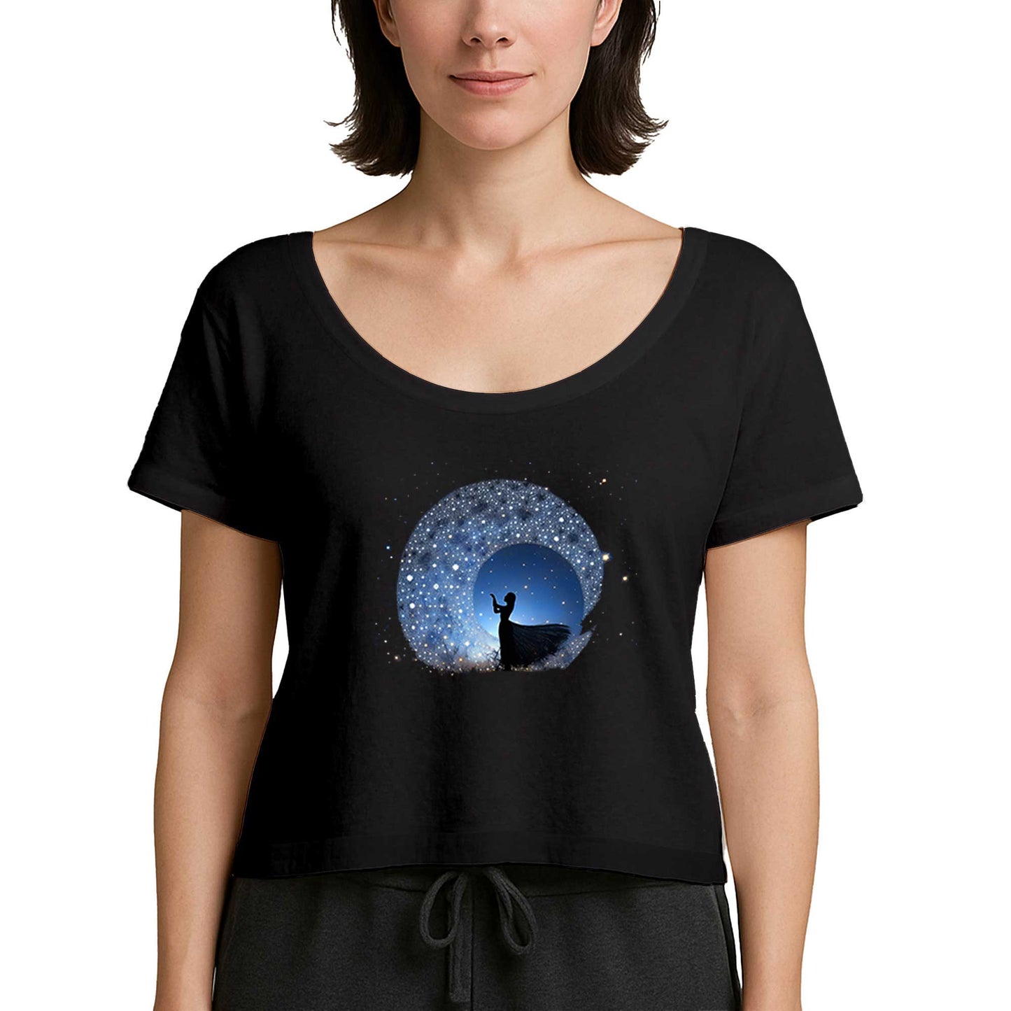 Woman Watching The Stars in The Sky Siyah Kadın Tişört