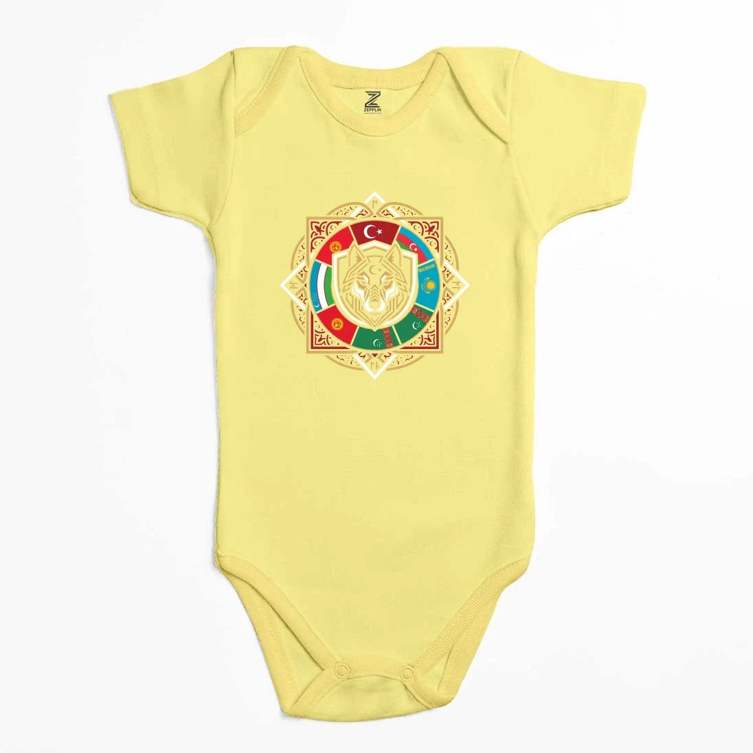 Sekizgen Mandala Bayraklı Bozkurt Baskılı Renkli Bebek Body Zıbın
