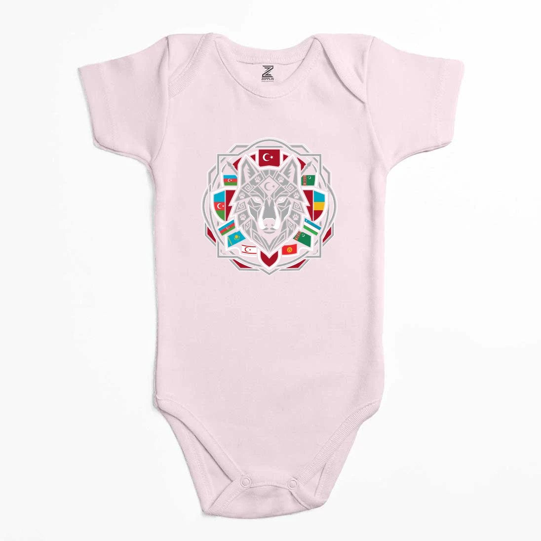 Mandala Desenli Bayraklı Gri Kurt Baskılı Renkli Bebek Body Zıbın