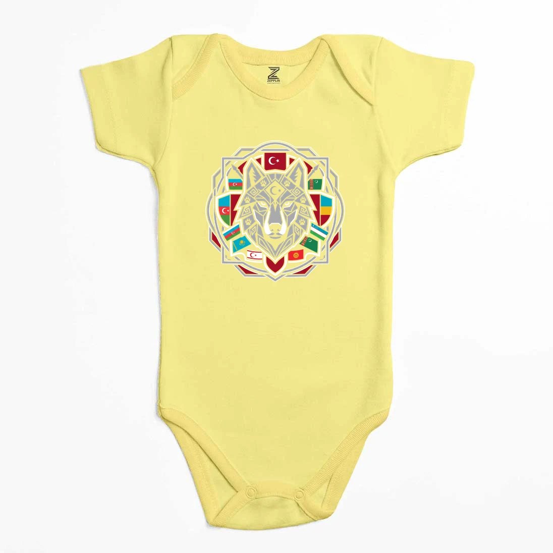 Mandala Desenli Bayraklı Gri Kurt Baskılı Renkli Bebek Body Zıbın