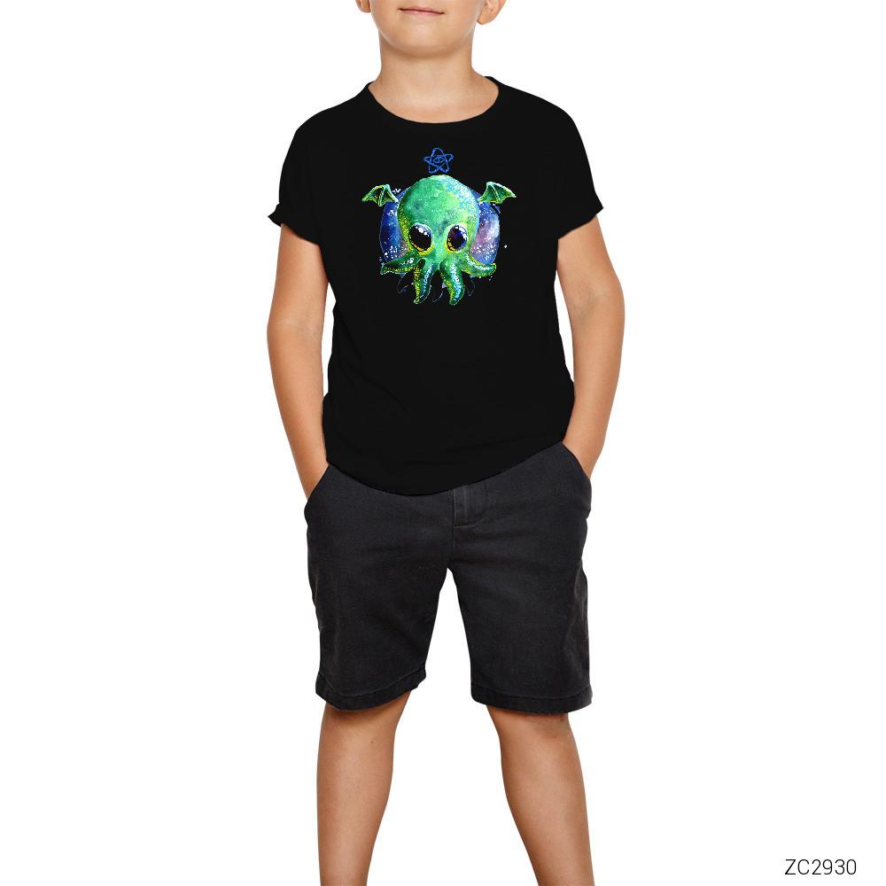 Ahtapot Sevimli Siyah Çocuk Tişört