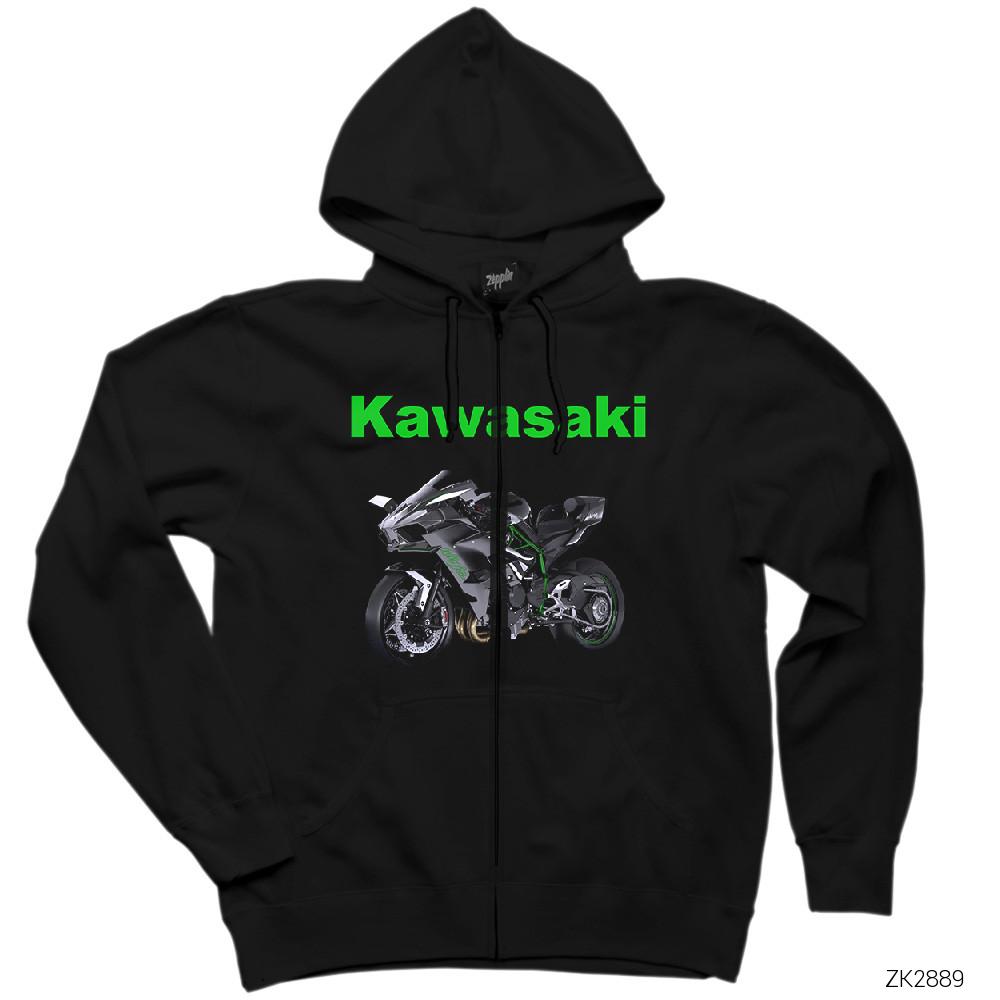 Kawasaki H2R Siyah Fermuarlı Kapşonlu Sweatshirt | Zepplin Giyim