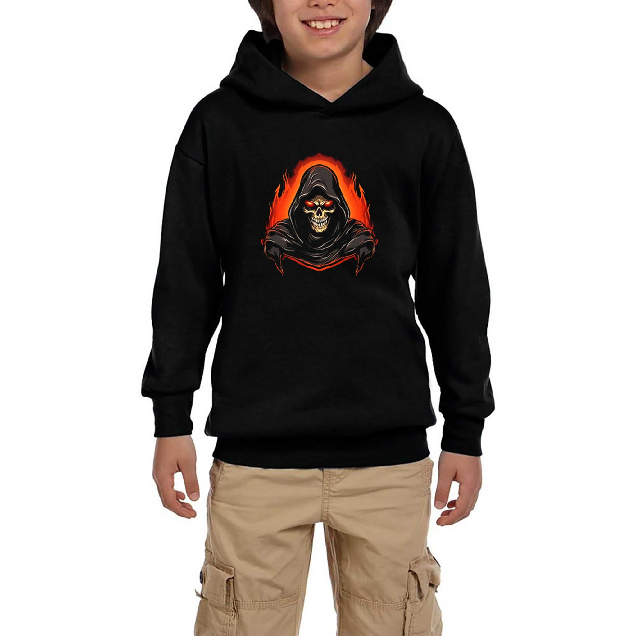 Skeleton Ghost Fire Siyah Çocuk Kapşonlu Sweatshirt