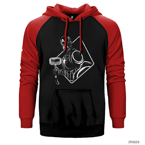 Captain America Mjolnir Black and White Çift Renk Reglan Kol Sweatshirt / Hoodie