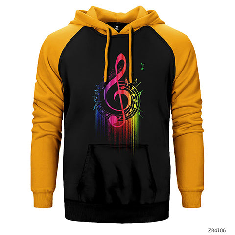 Sol Anahtarı ve Notalar Çift Renk Reglan Kol Sweatshirt / Hoodie