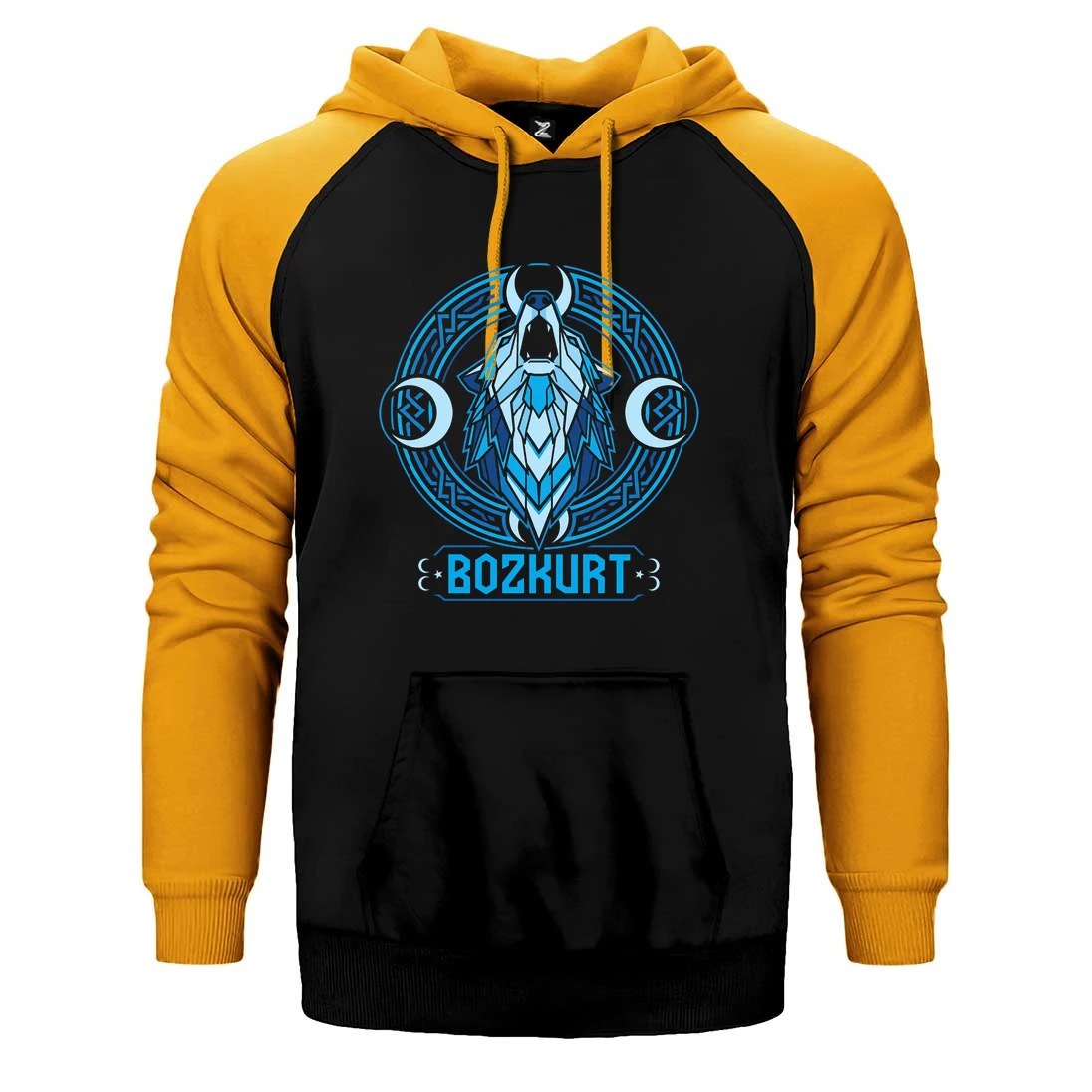 Neon Mavi Hilal Detaylı Bozkurt Baskılı Çift Renk Reglan Kol Sweatshirt / Hoodie