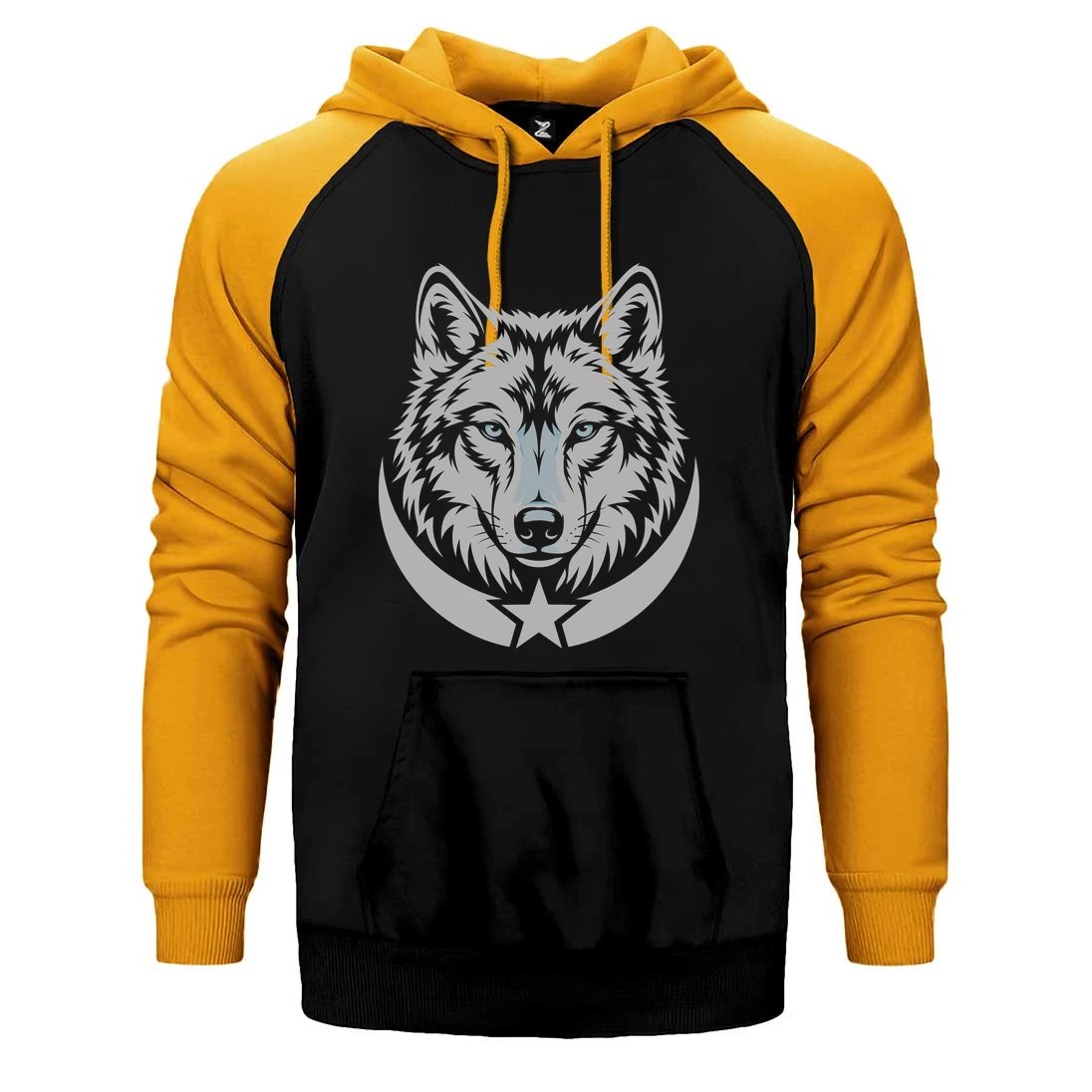 Gri Gerçekçi Kurt Başı ve Hilal Baskılı Çift Renk Reglan Kol Sweatshirt / Hoodie