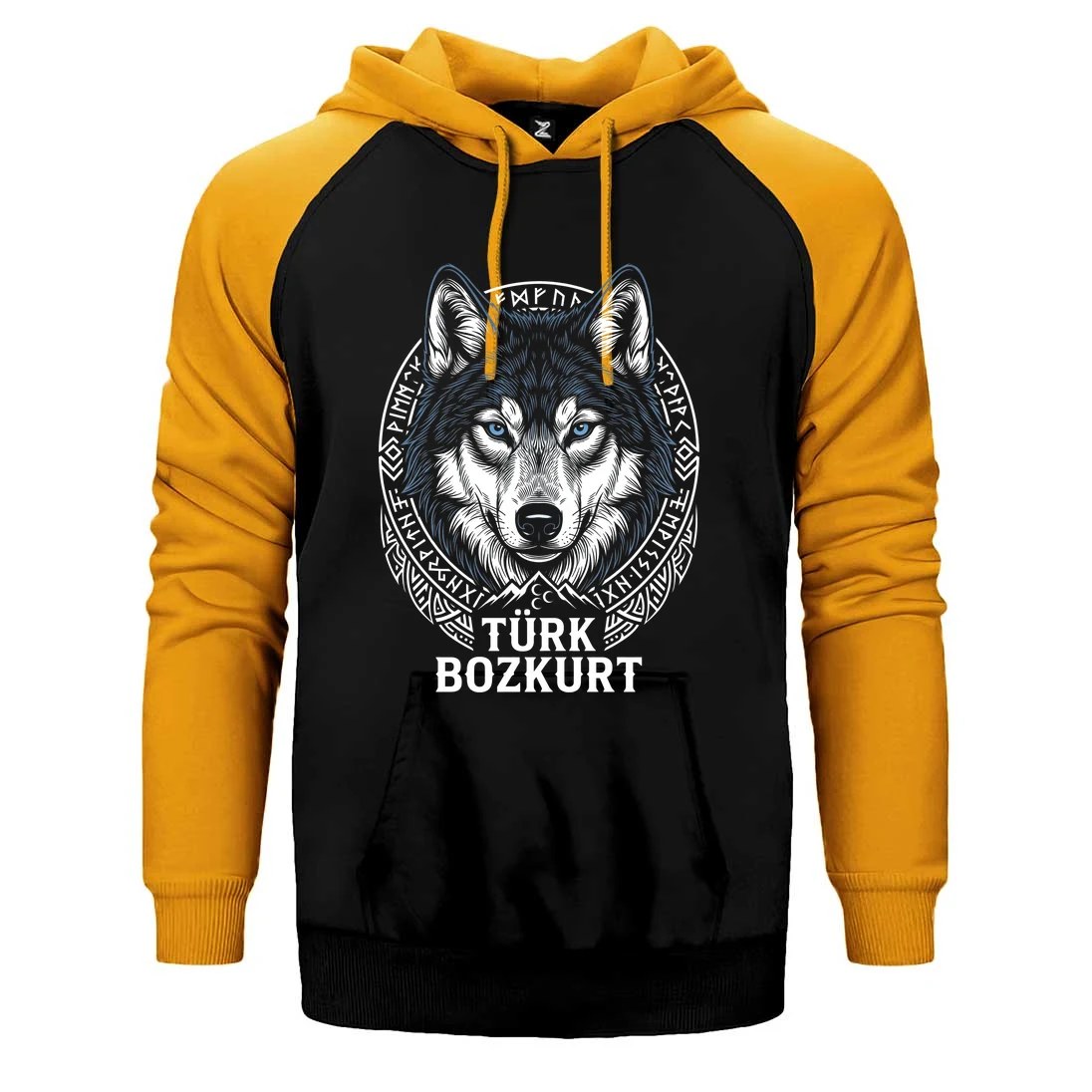 Türk Bozkurt Yazılı Detaylı Kurt Başı Baskılı Çift Renk Reglan Kol Sweatshirt / Hoodie