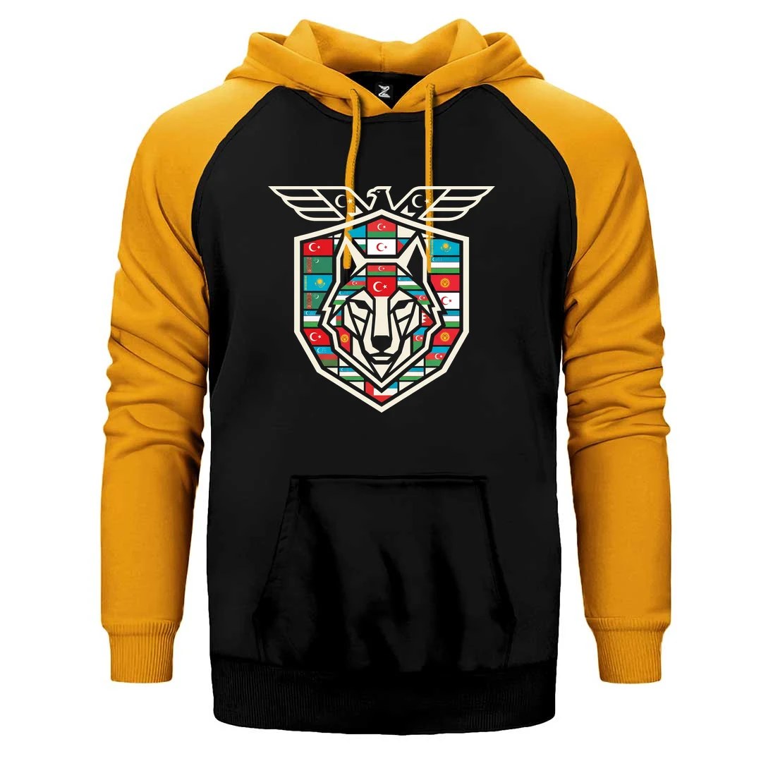 Kanatlı Arma Bayraklı Kalkan Bozkurt Baskılı Çift Renk Reglan Kol Sweatshirt / Hoodie