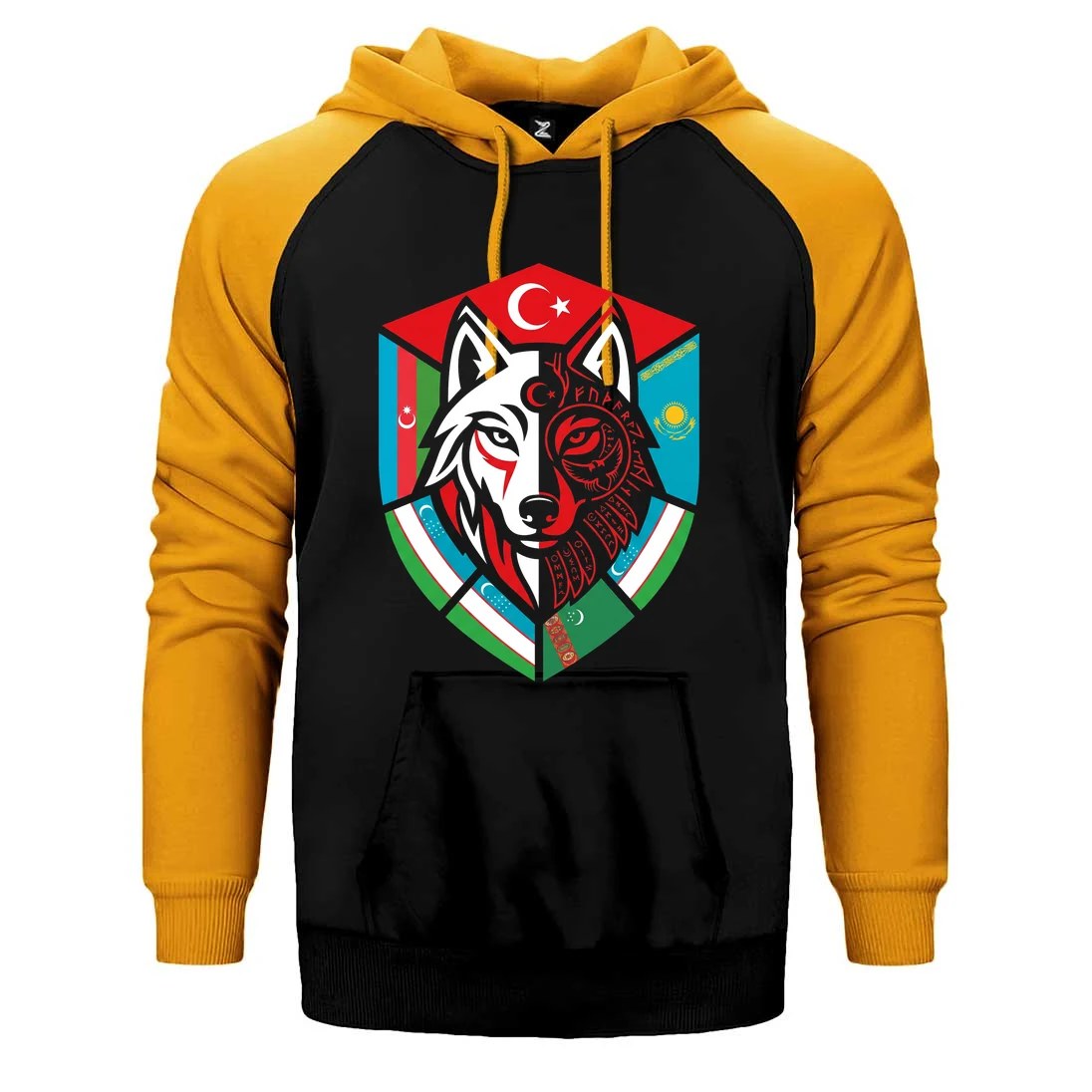 Kardeş Ülke Bayraklı Kalkan Bozkurt Baskılı Çift Renk Reglan Kol Sweatshirt / Hoodie
