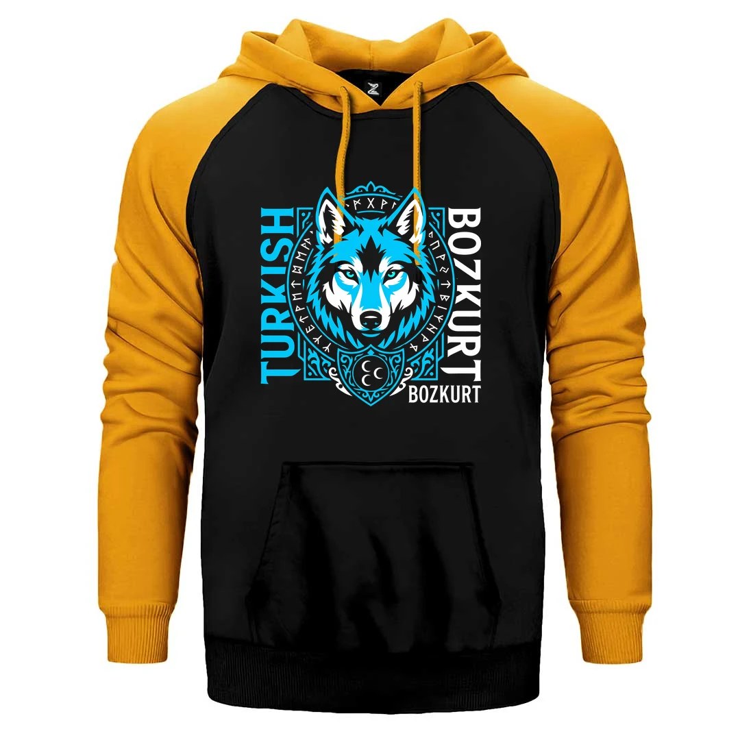 Dikey Turkish Bozkurt Tipografili Mavi Baskılı Çift Renk Reglan Kol Sweatshirt / Hoodie