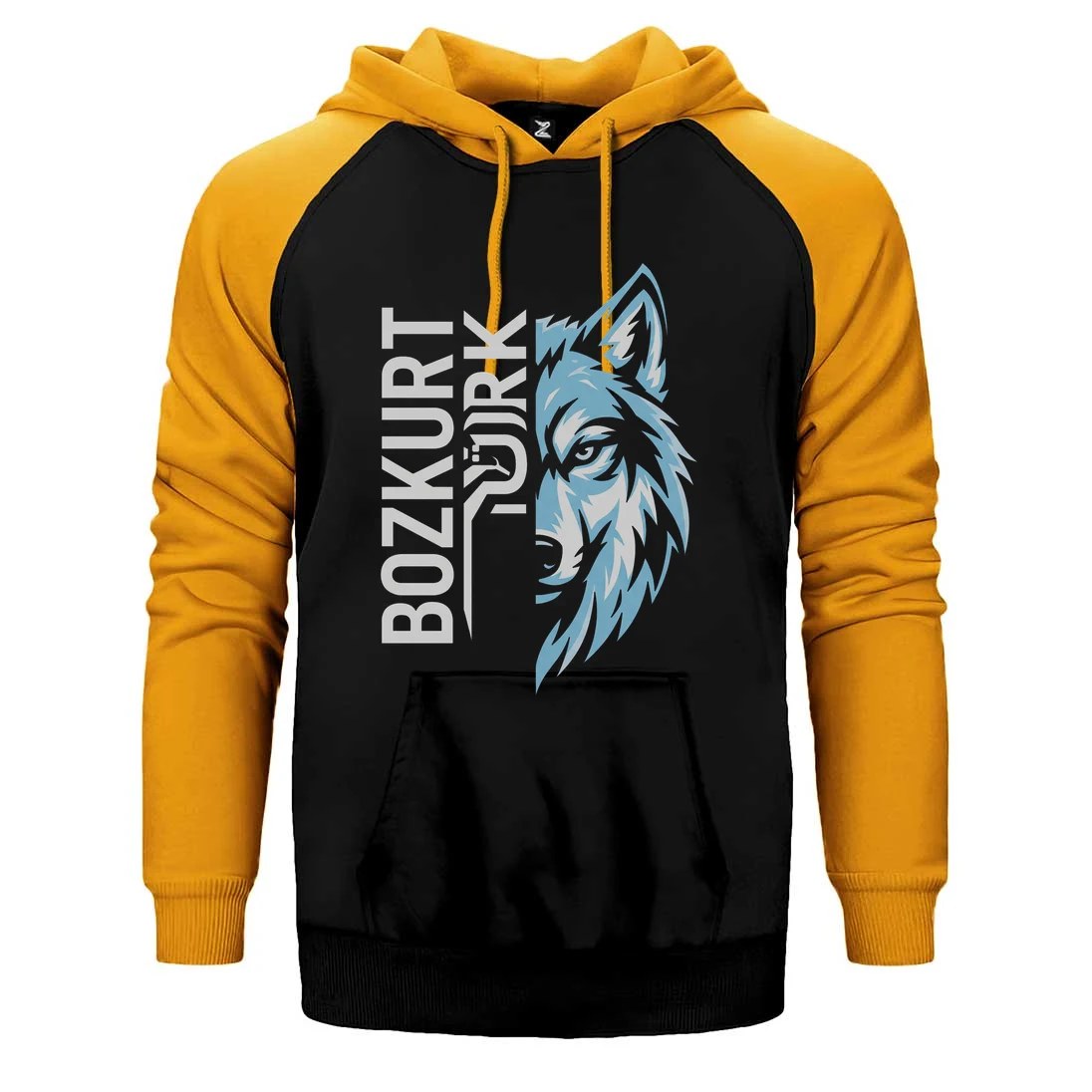 Dikey Bozkurt Türk Yazılı Mavi Kurt Profili Baskılı Çift Renk Reglan Kol Sweatshirt / Hoodie