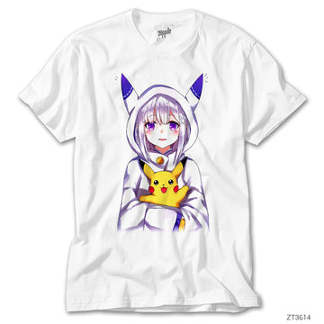 RE Zero Emilia and Pikachu Beyaz Tişört