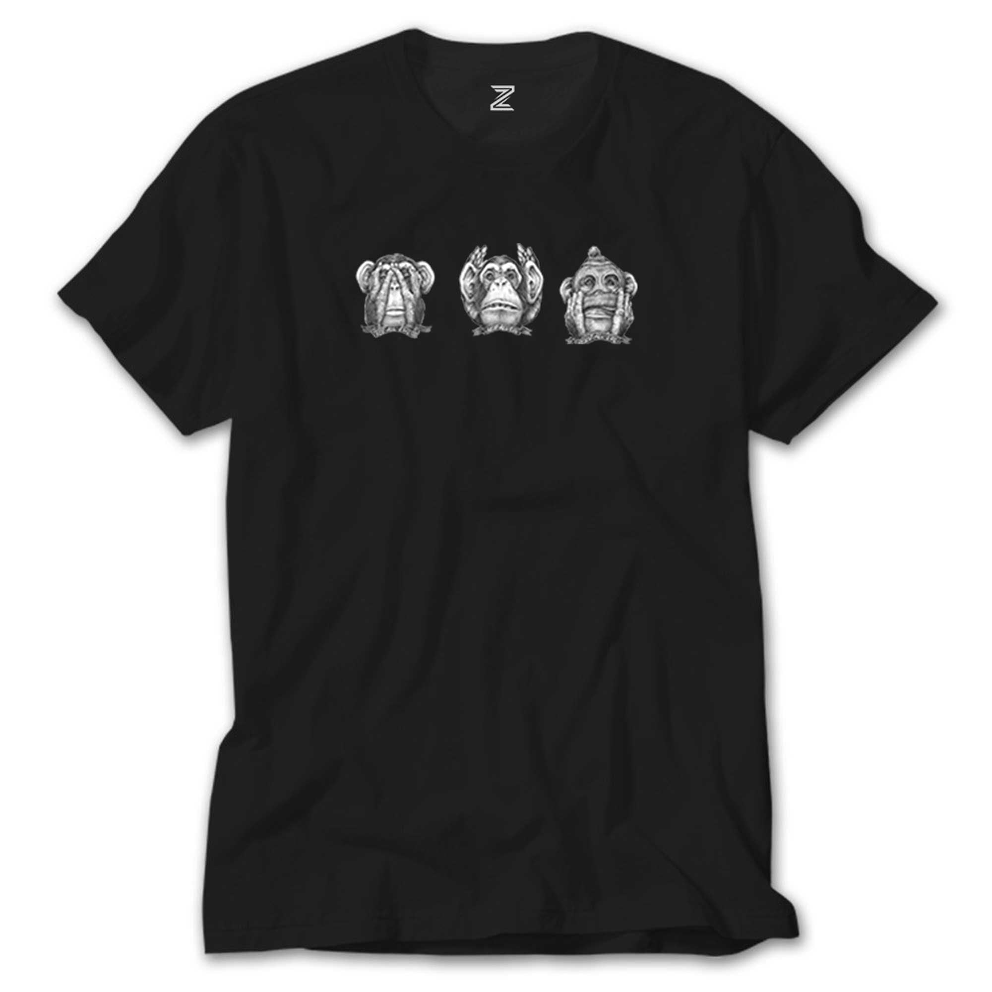 Three Monkeys Cartoon Siyah Tişört