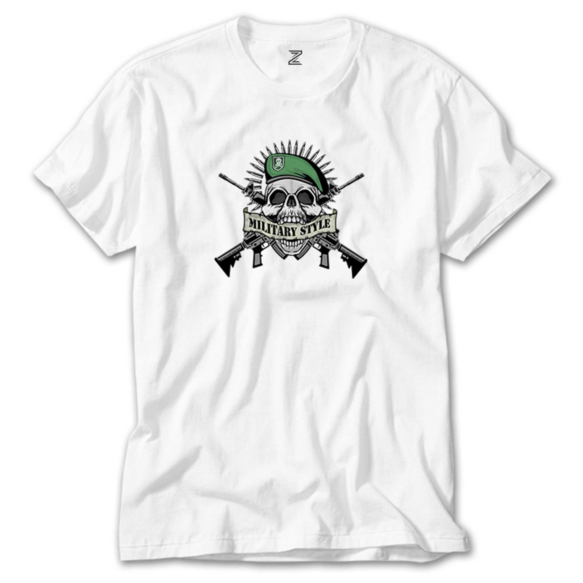 Military Style Skull Logo Beyaz Tişört