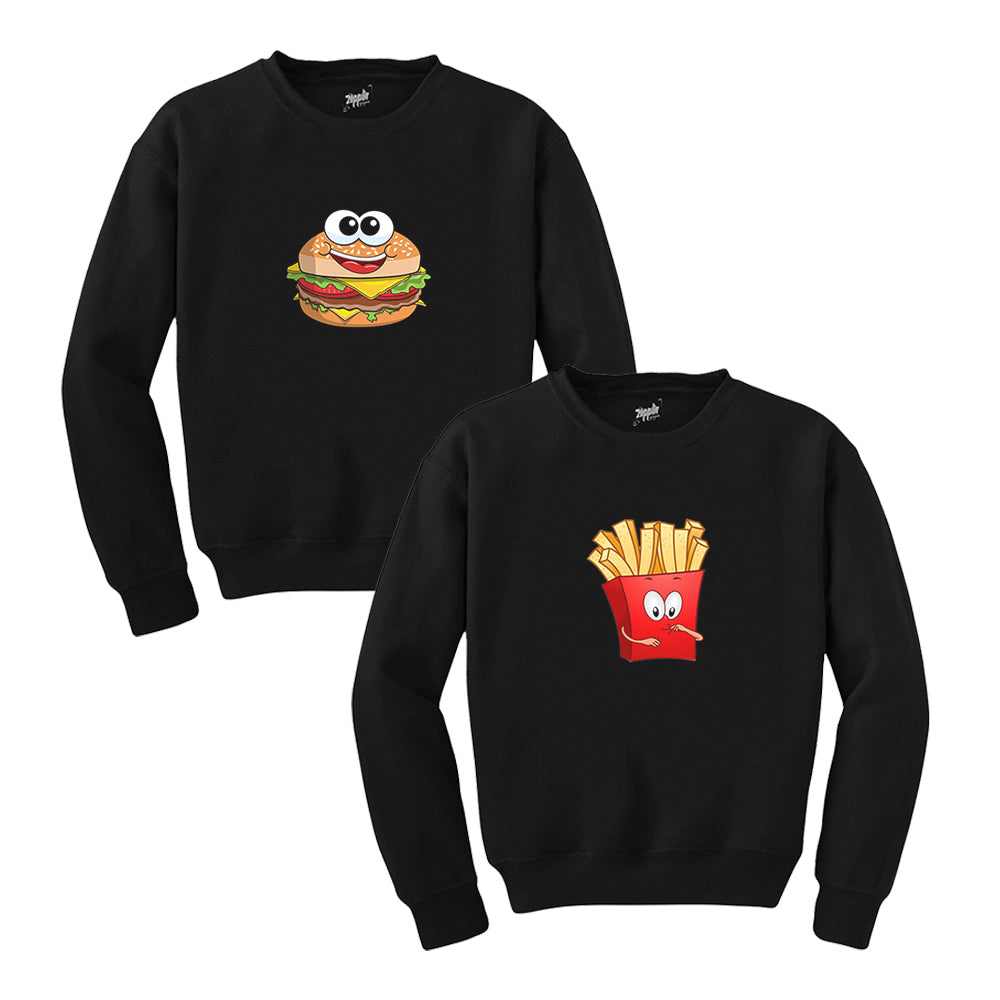 Hamburger Patates Sevgili Çift Siyah Sweatshirt