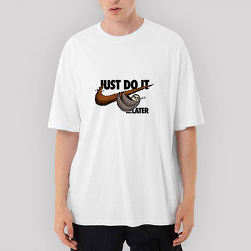 İndirimli Just Do It Later Oversize Beyaz Tişört