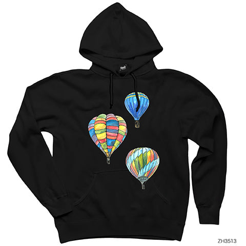 Kapadokya Balonları Siyah Kapşonlu Sweatshirt Hoodie