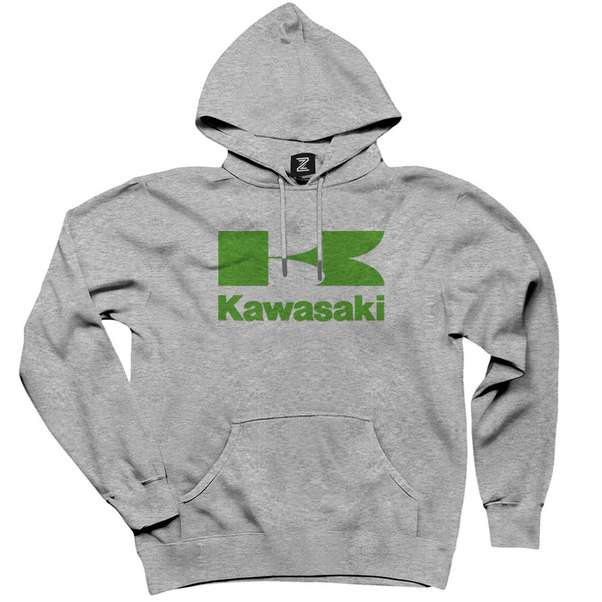 Kawasaki Yeşil Logo Gri Kapşonlu Sweatshirt Hoodie