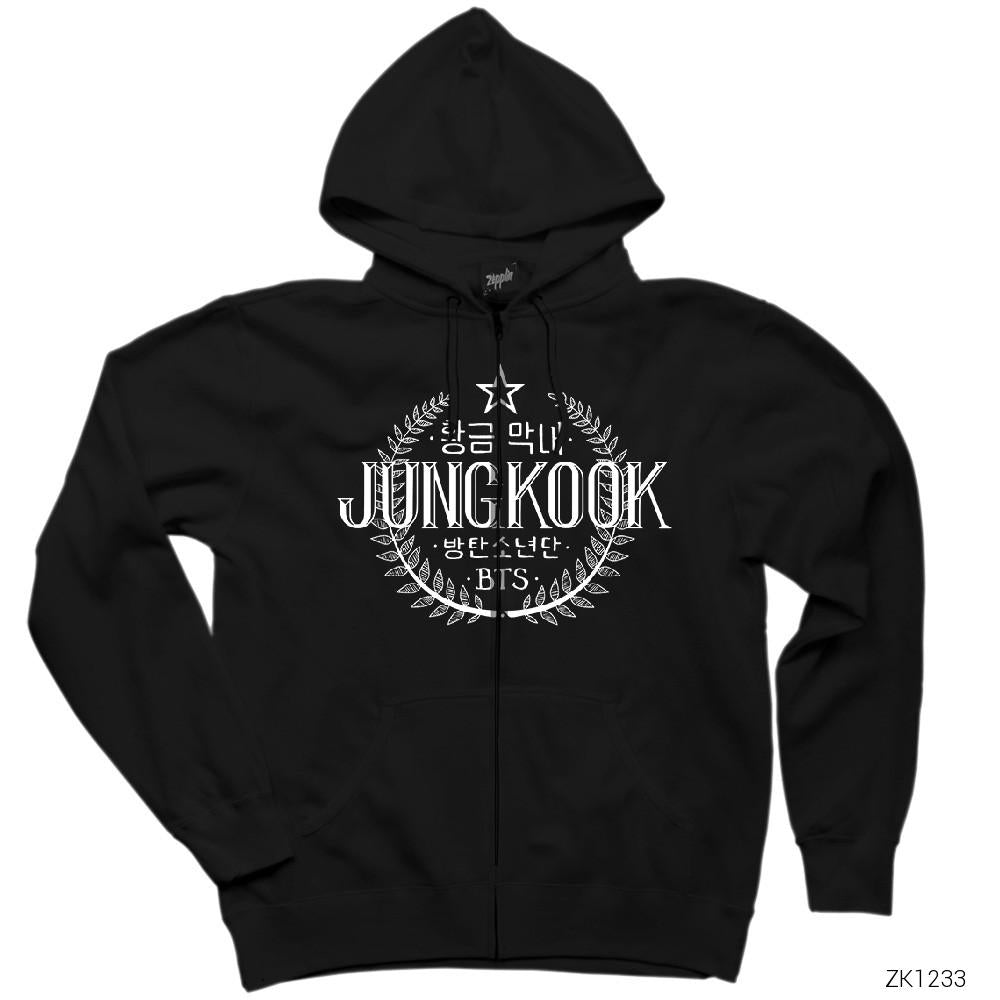 BTS Jungkook Logo Siyah Fermuarlı Kapşonlu Sweatshirt