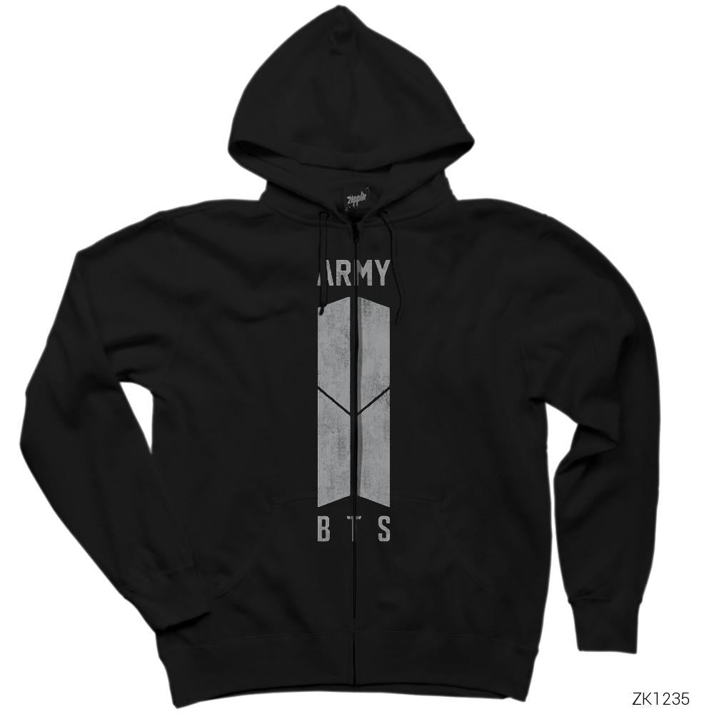 BTS ARMY Logo Siyah Fermuarlı Kapşonlu Sweatshirt
