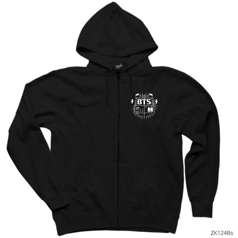 BTS Sheild Mini Logo Siyah Fermuarlı Kapşonlu Sweatshirt