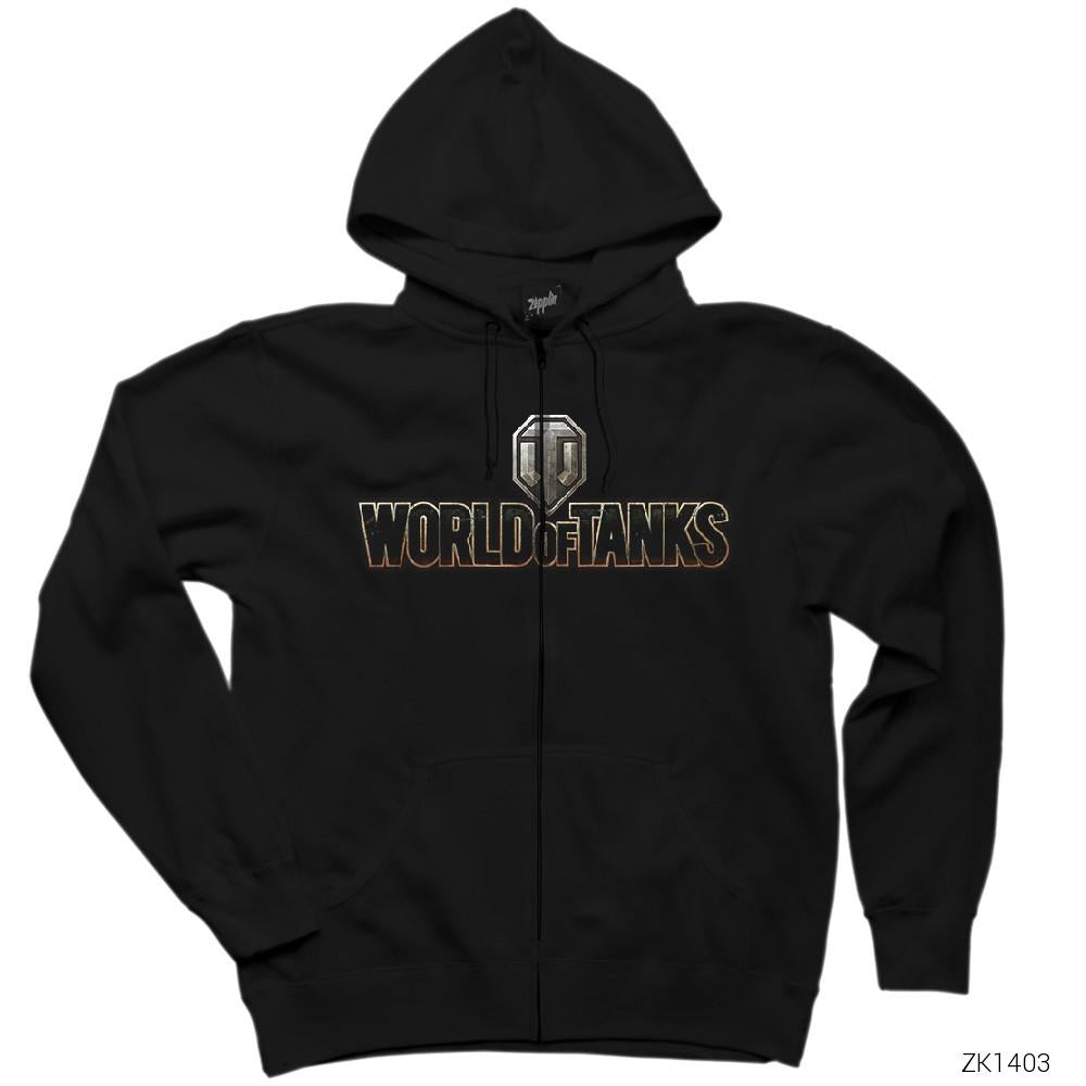World of Tanks Logo 3 Siyah Fermuarlı Kapşonlu Sweatshirt