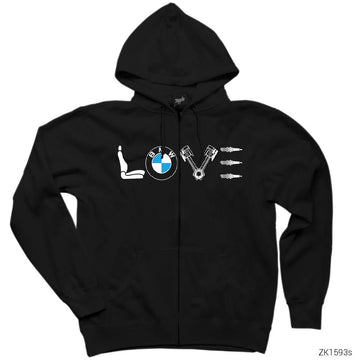 BMW Love Siyah Fermuarlı Kapşonlu Sweatshirt