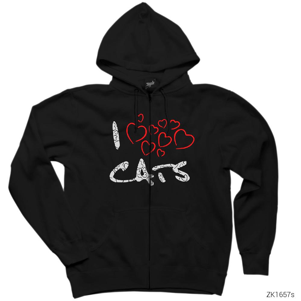 Kedi I Love Cats Siyah Fermuarlı Kapşonlu Sweatshirt