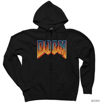Doom Vintage Siyah Fermuarlı Kapşonlu Sweatshirt