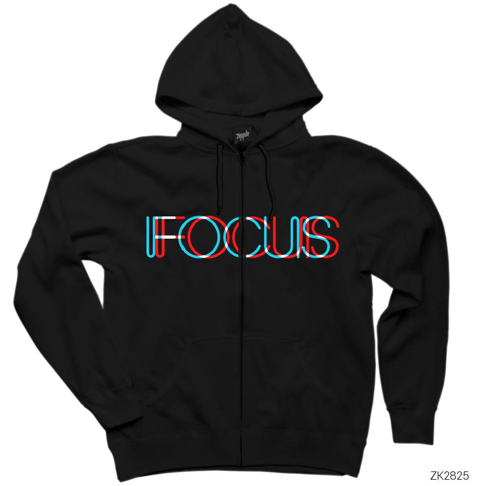 Focus Siyah Fermuarlı Kapşonlu Sweatshirt
