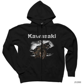 Kawasaki H2 Siyah Fermuarlı Kapşonlu Sweatshirt