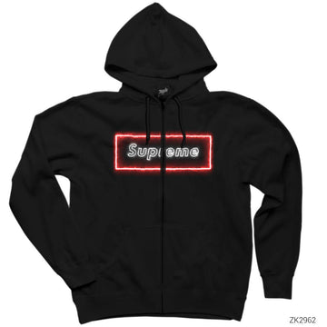 Supreme Neon Siyah Fermuarlı Kapşonlu Sweatshirt