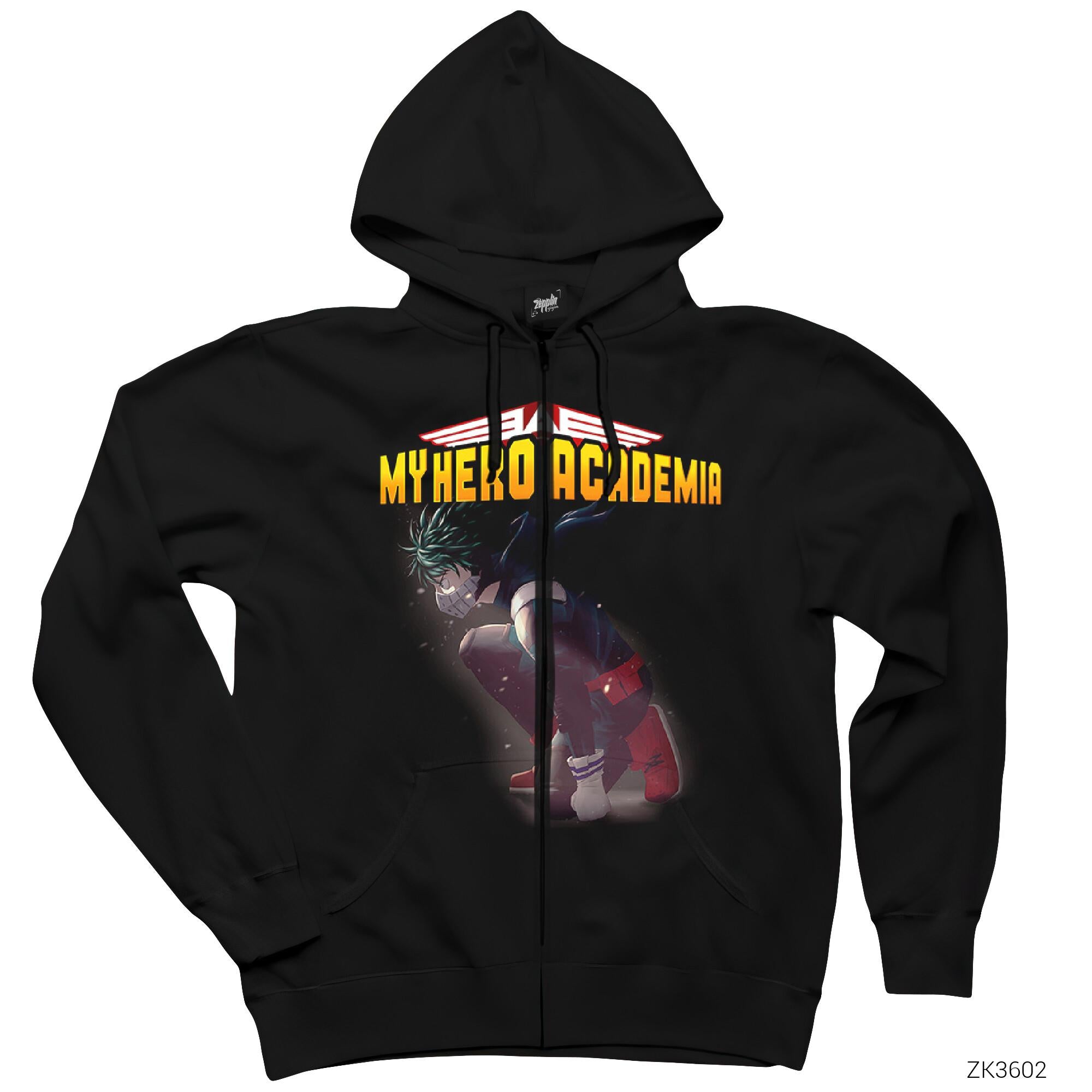 My Hero Academia Deku Siyah Fermuarlı Kapşonlu Sweatshirt