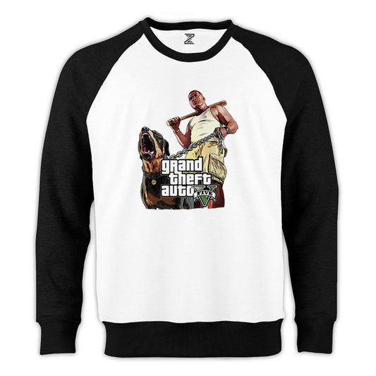 Grand Theft Auto Five Dog And Man Reglan Kol Beyaz Sweatshirt - Zepplingiyim