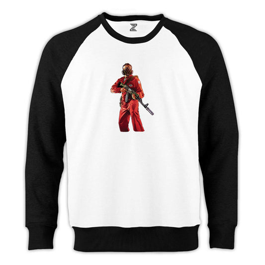 GTA Robber In Red Suit Man Reglan Kol Beyaz Sweatshirt - Zepplingiyim