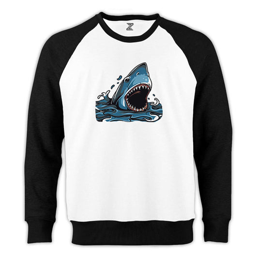 Shark Cartoon Reglan Kol Beyaz Sweatshirt - Zepplingiyim