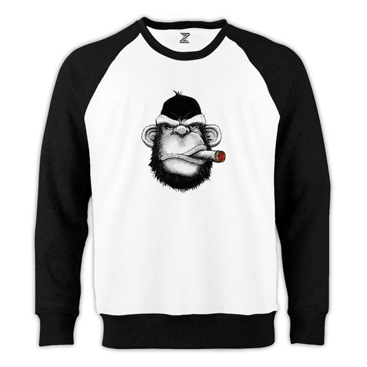 Pro Drinking Monkey Cartoon Reglan Kol Beyaz Sweatshirt - Zepplingiyim