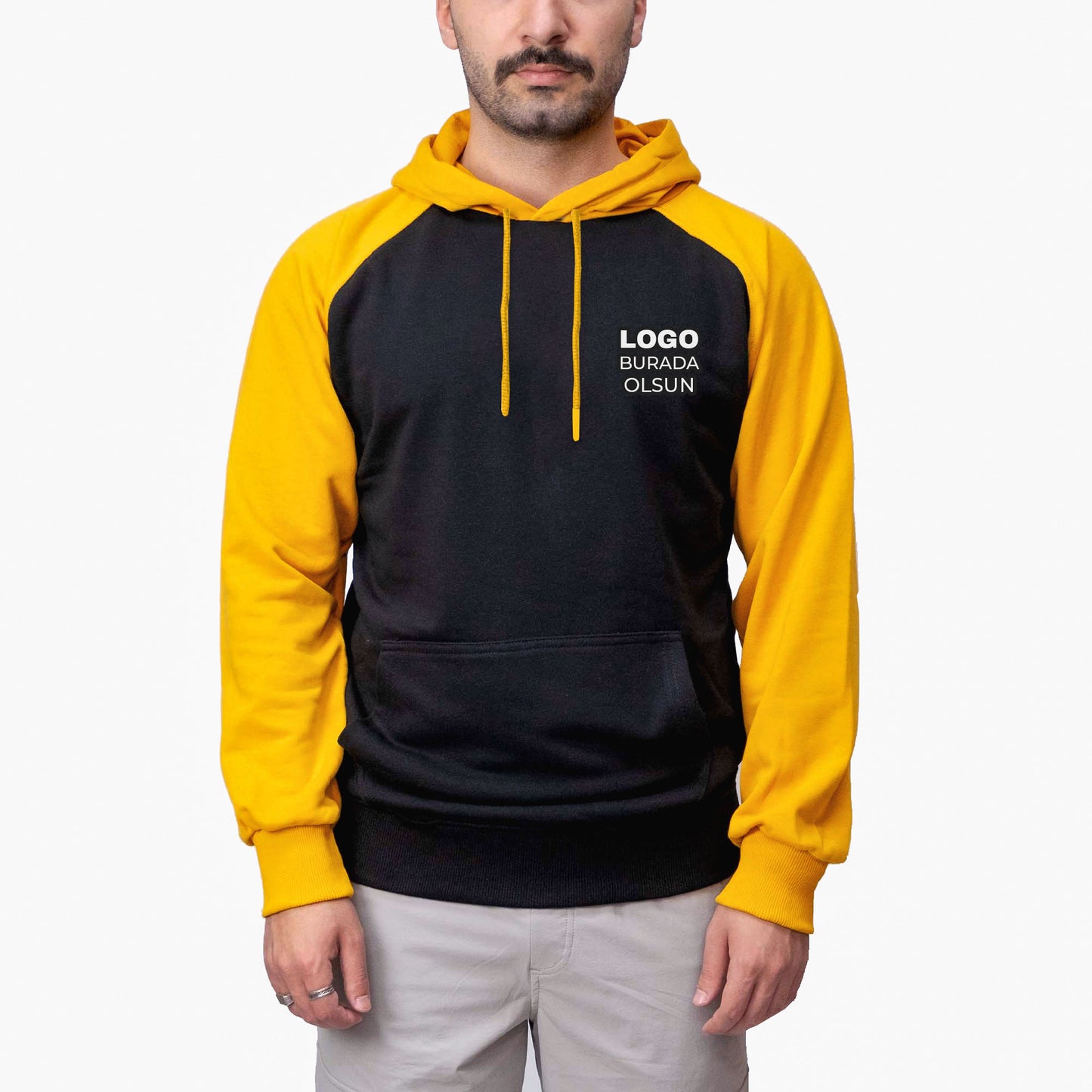 Baskılı Reglan Kol Kapşonlu Sweatshirt Sarı Toptan